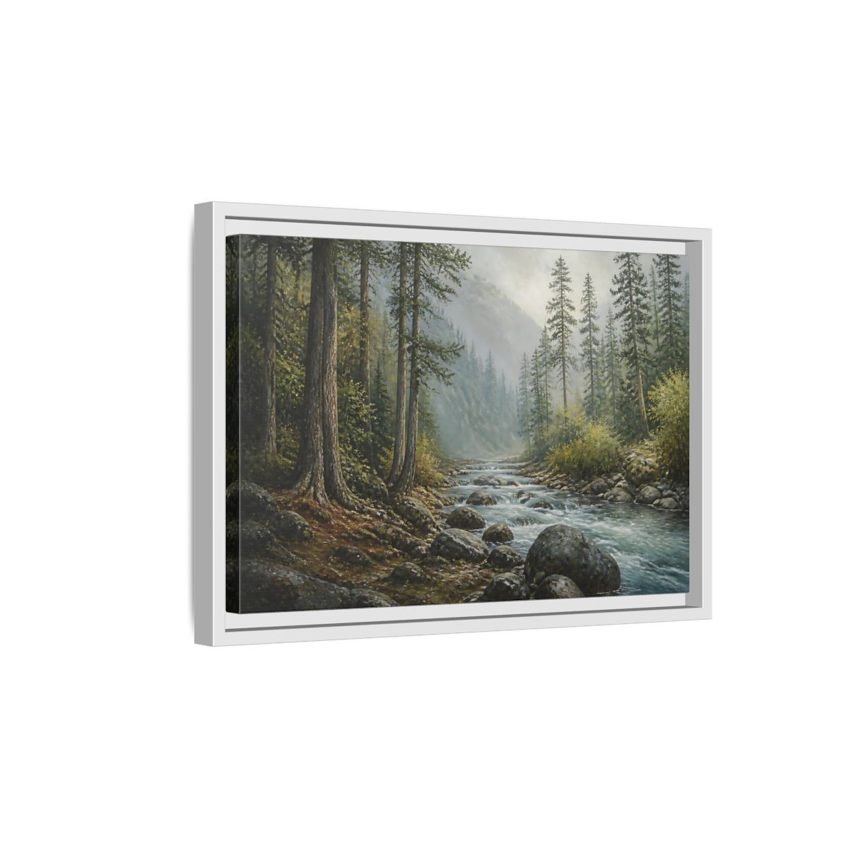 Side Mockup 4. Misty Mountain Stream shown as framed canvas print