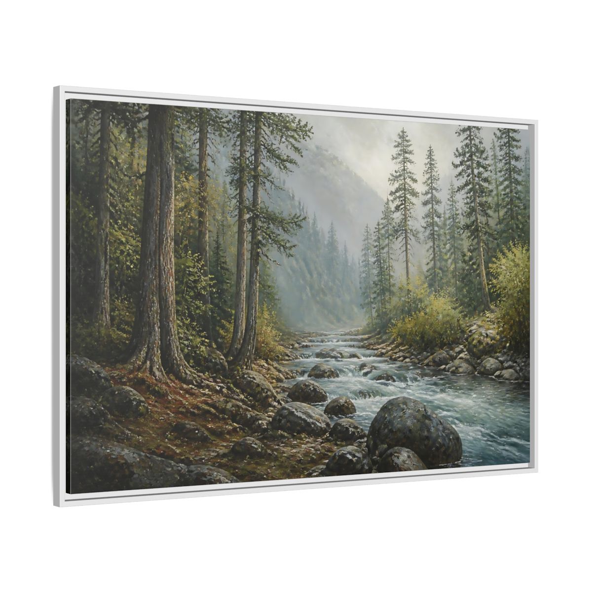 Side Mockup 7. Misty Mountain Stream shown as framed canvas print