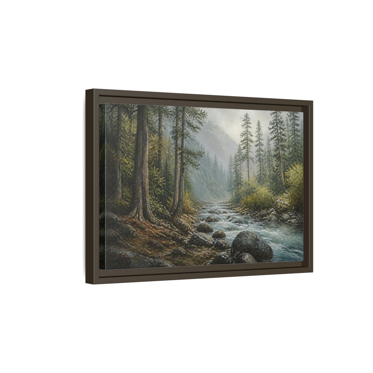 Side Mockup 5. Misty Mountain Stream shown as framed canvas print