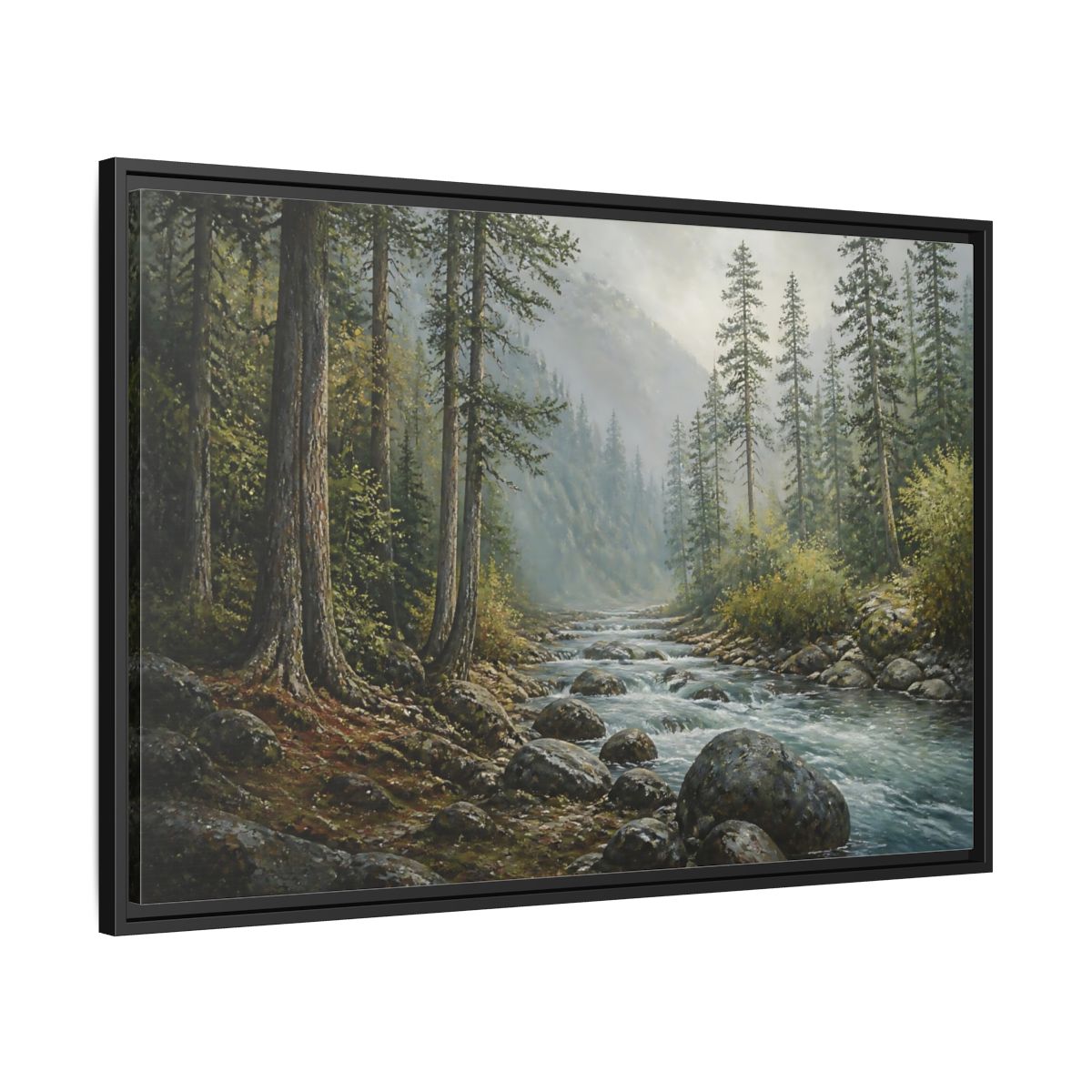 Side Mockup 13. Misty Mountain Stream shown as framed canvas print