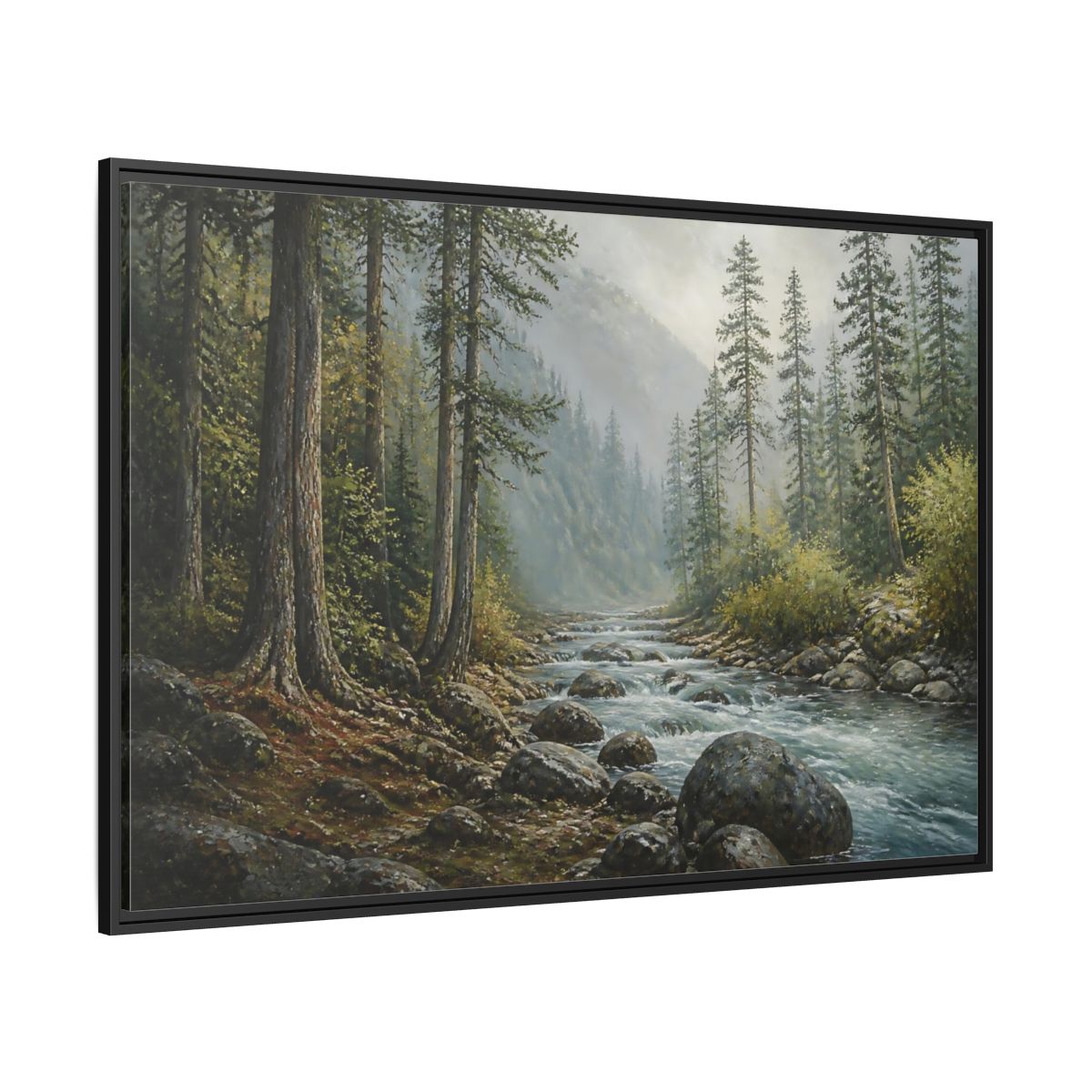 Side Mockup 12. Misty Mountain Stream shown as framed canvas print