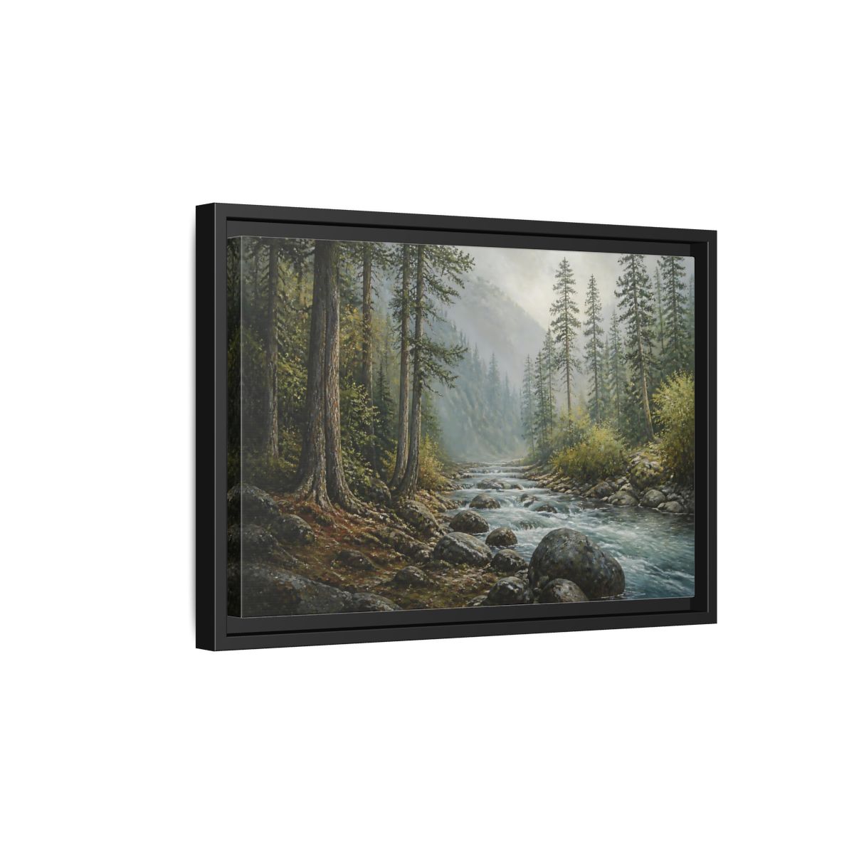 Side Mockup 6. Misty Mountain Stream shown as framed canvas print