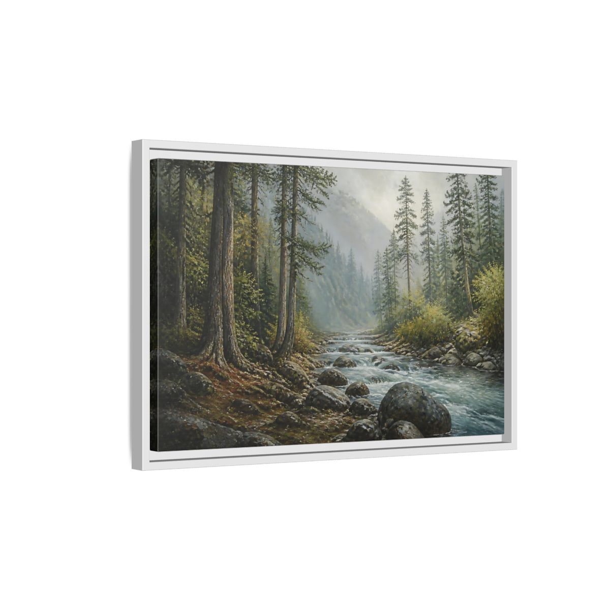 Side Mockup 1. Misty Mountain Stream shown as framed canvas print