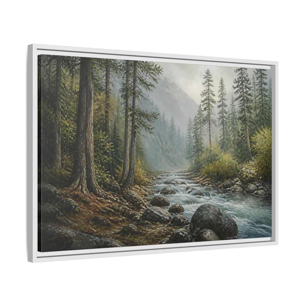 Side Mockup 10. Misty Mountain Stream shown as framed canvas print