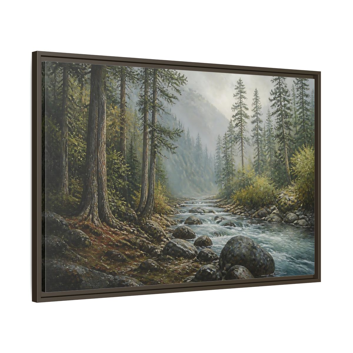 Main Mockup. Misty Mountain Stream shown as framed canvas print