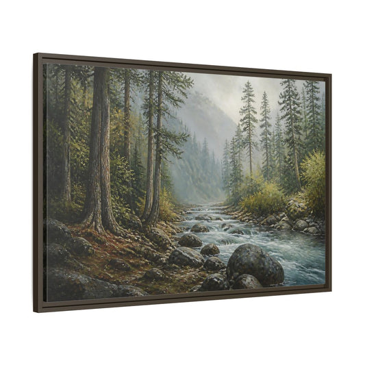 Main Mockup. Misty Mountain Stream shown as framed canvas print