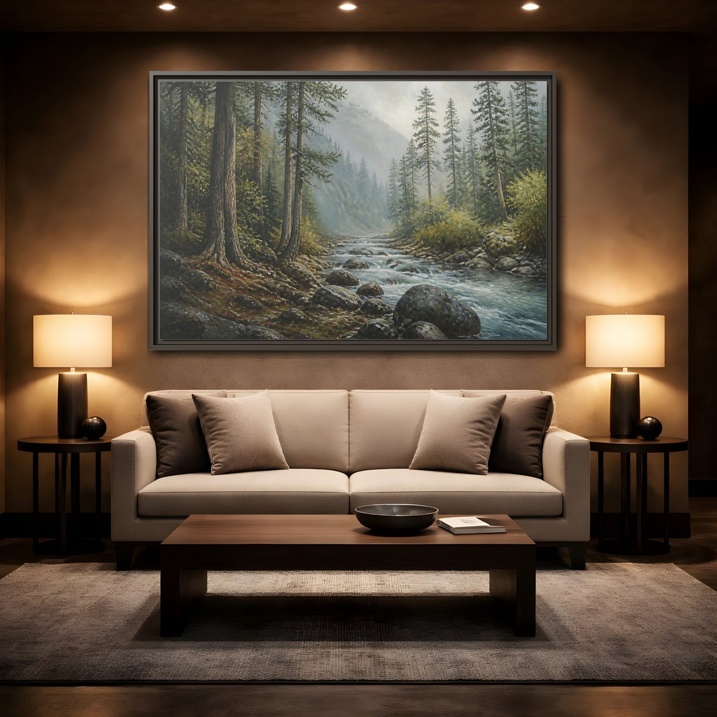 Mockup 2. Misty Mountain Stream shown as framed canvas print