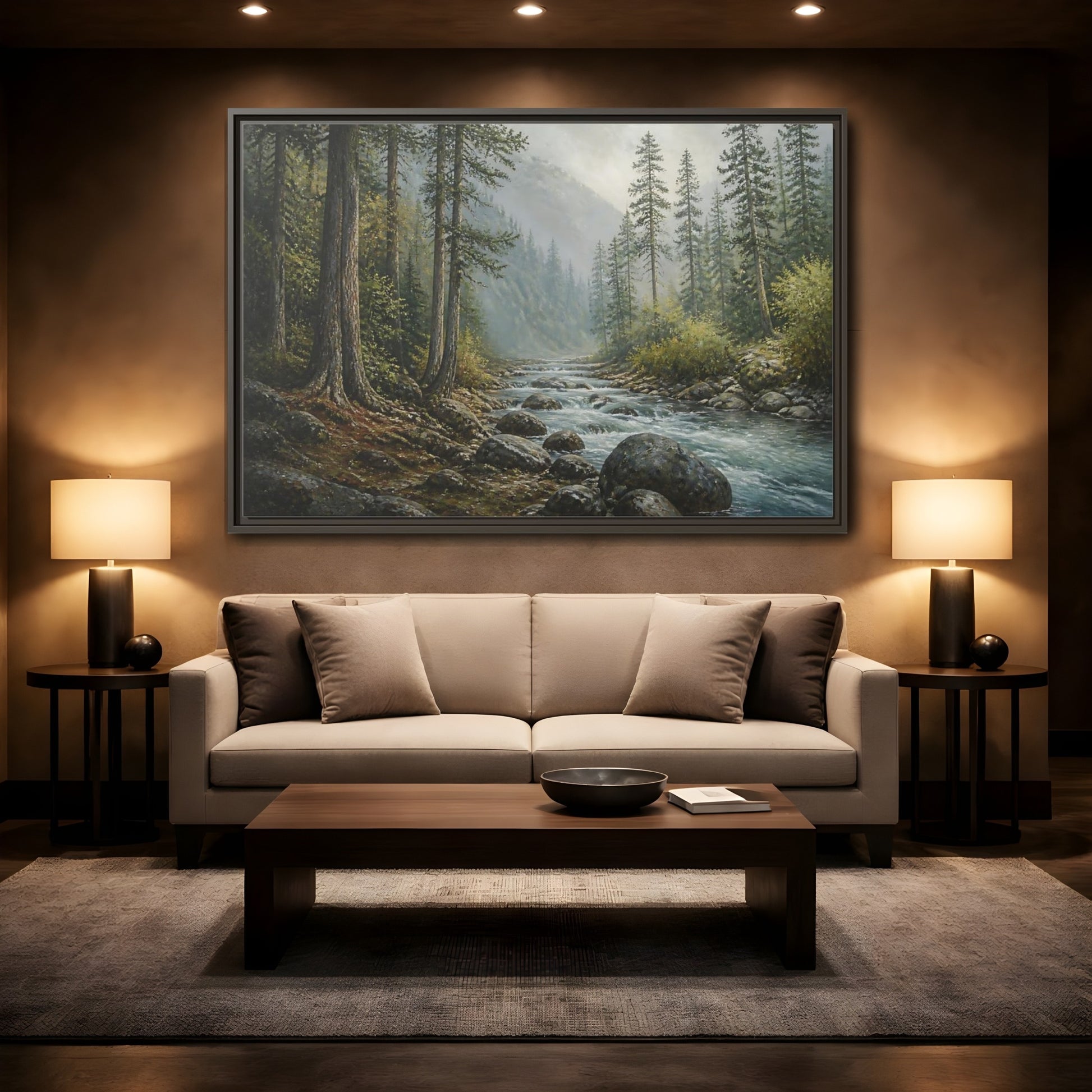 Mockup 2. Misty Mountain Stream shown as framed canvas print