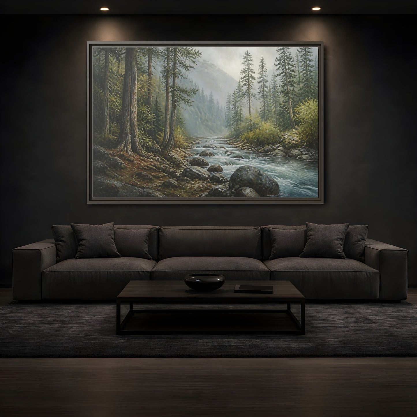 Mockup 3. Misty Mountain Stream shown as framed canvas print