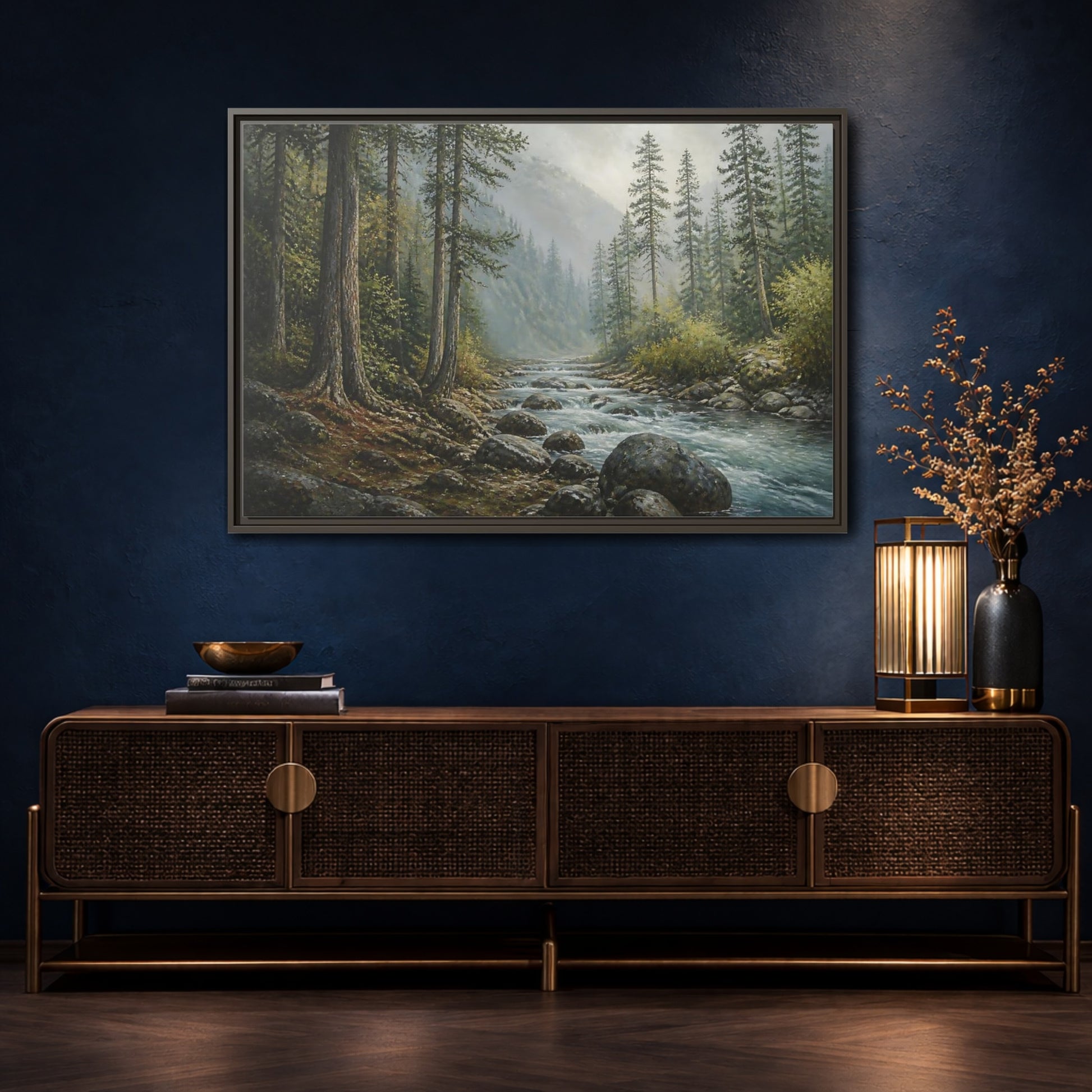 Mockup 4. Misty Mountain Stream shown as framed canvas print