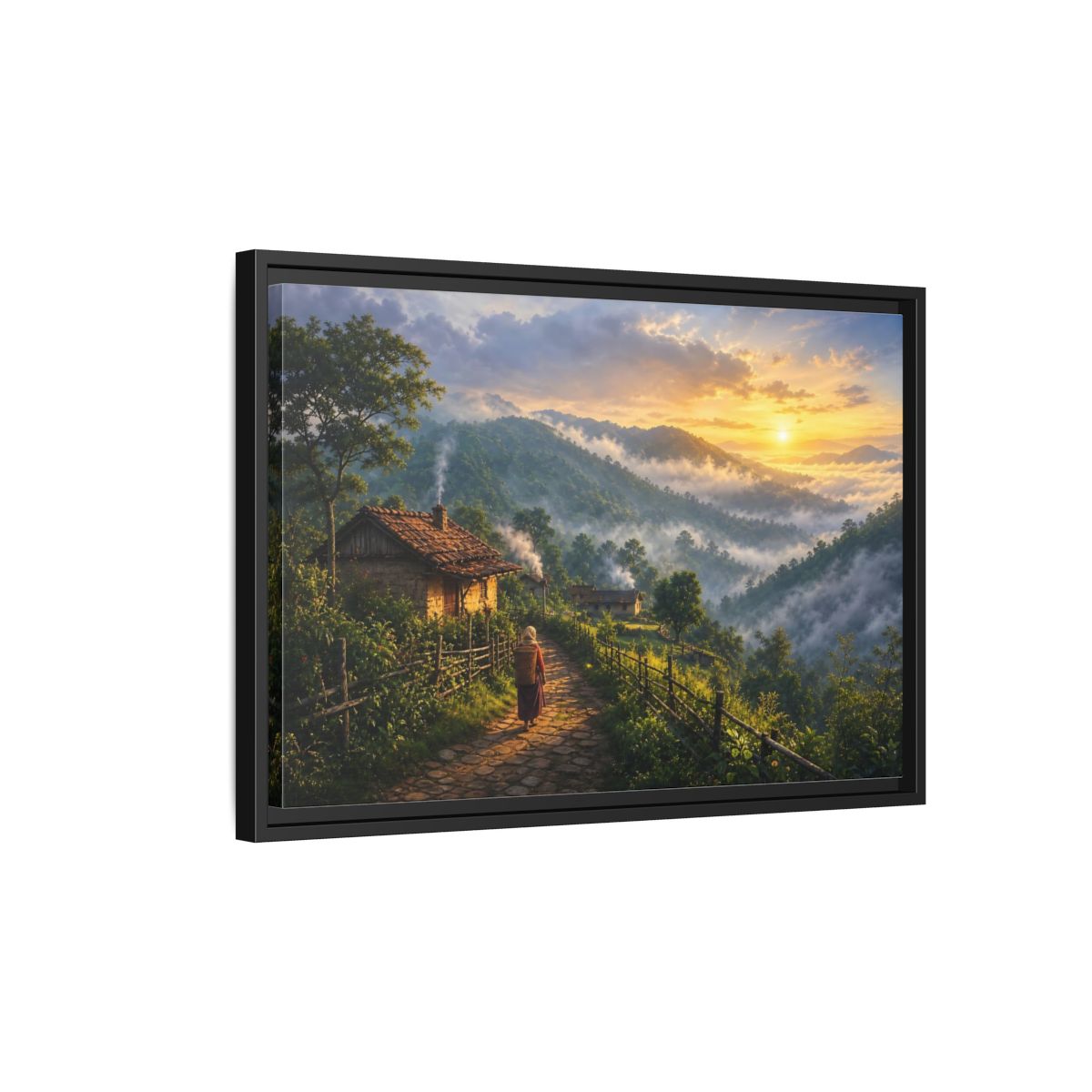 Side Mockup 3. Misty Mountain Village Sunrise shown as framed canvas print