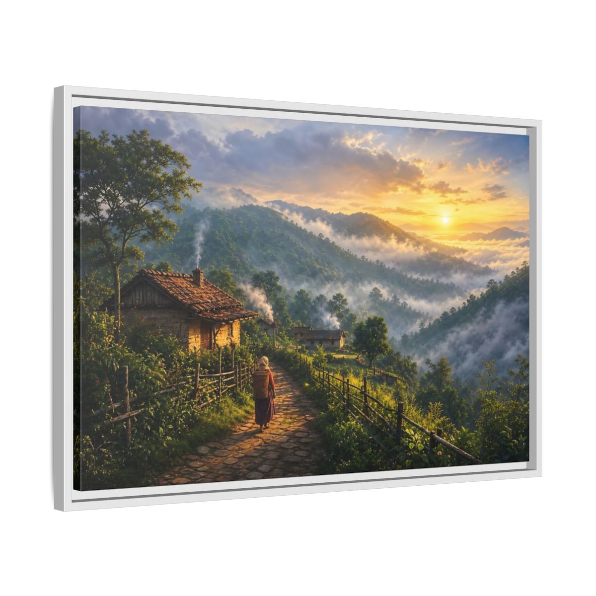 Side Mockup 10. Misty Mountain Village Sunrise shown as framed canvas print