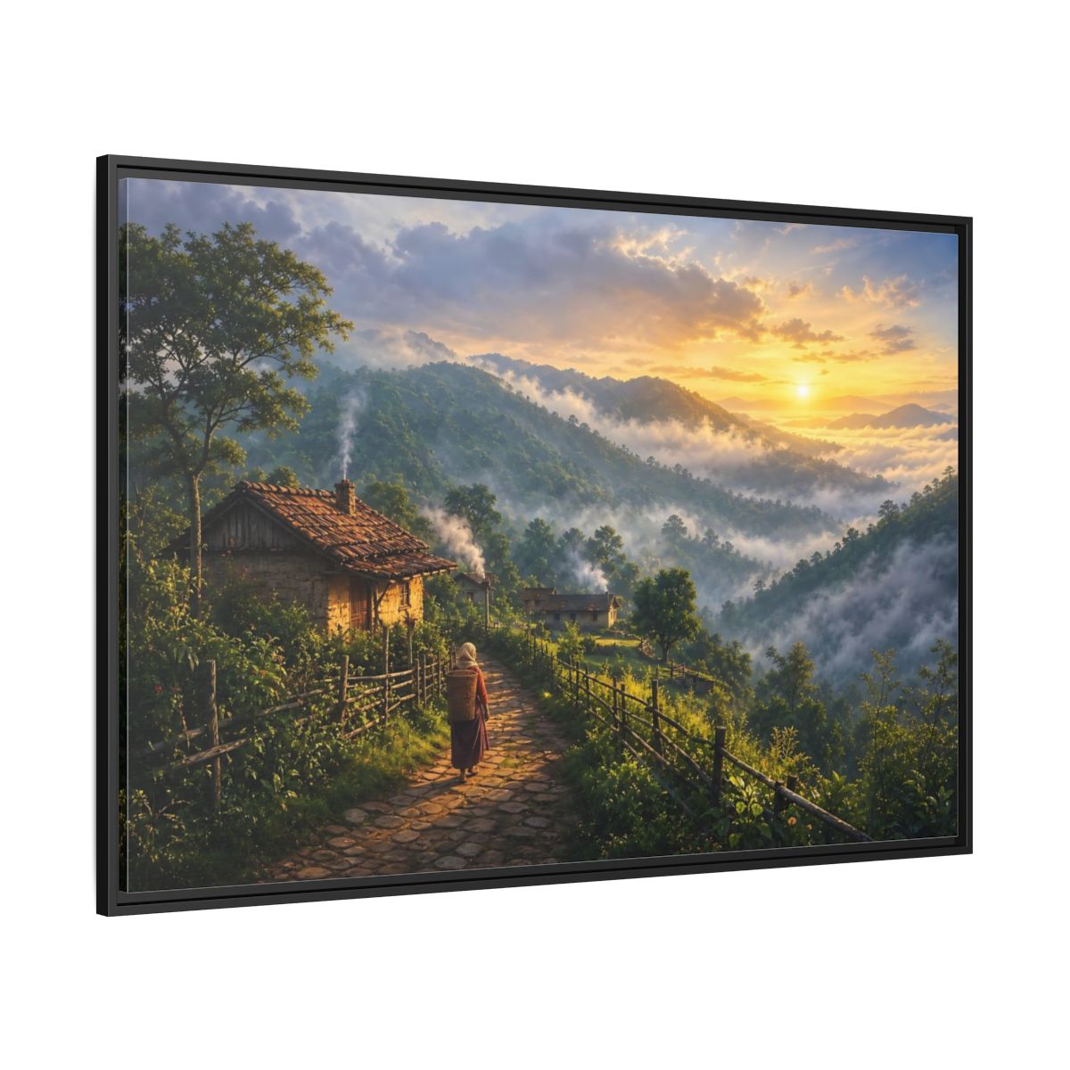 Side Mockup 12. Misty Mountain Village Sunrise shown as framed canvas print