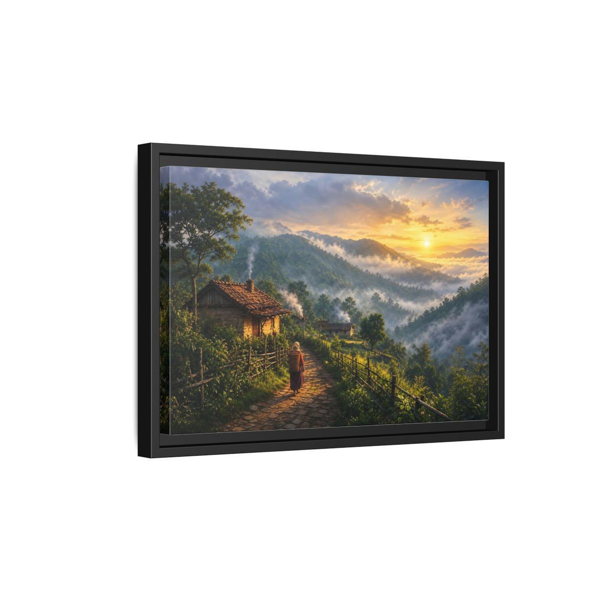 Side Mockup 6. Misty Mountain Village Sunrise shown as framed canvas print