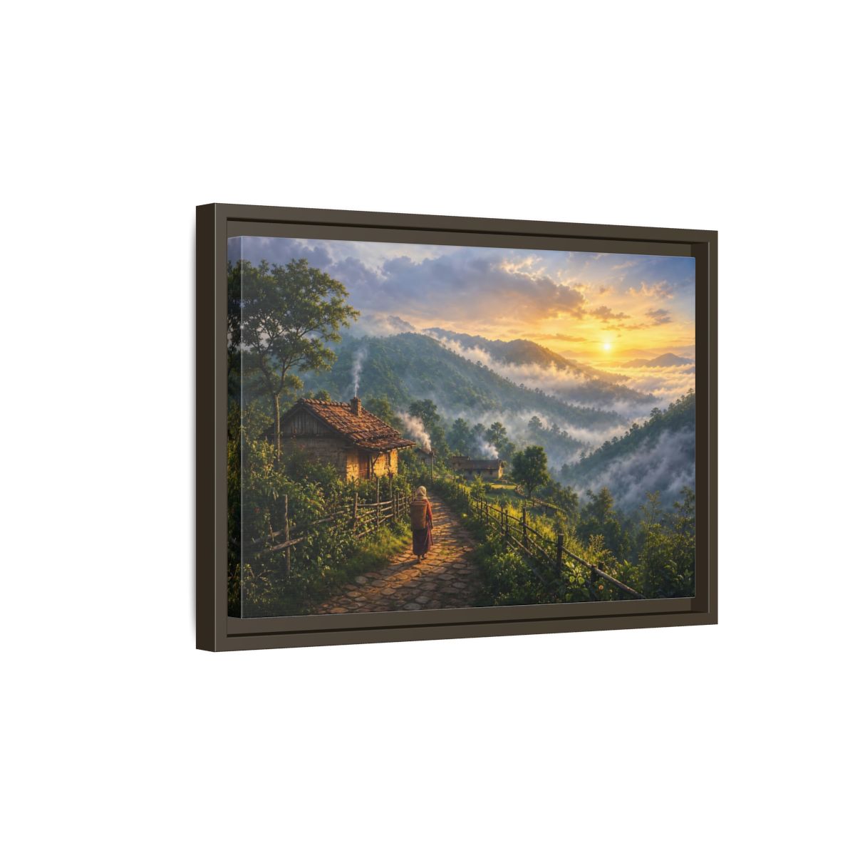 Side Mockup 5. Misty Mountain Village Sunrise shown as framed canvas print