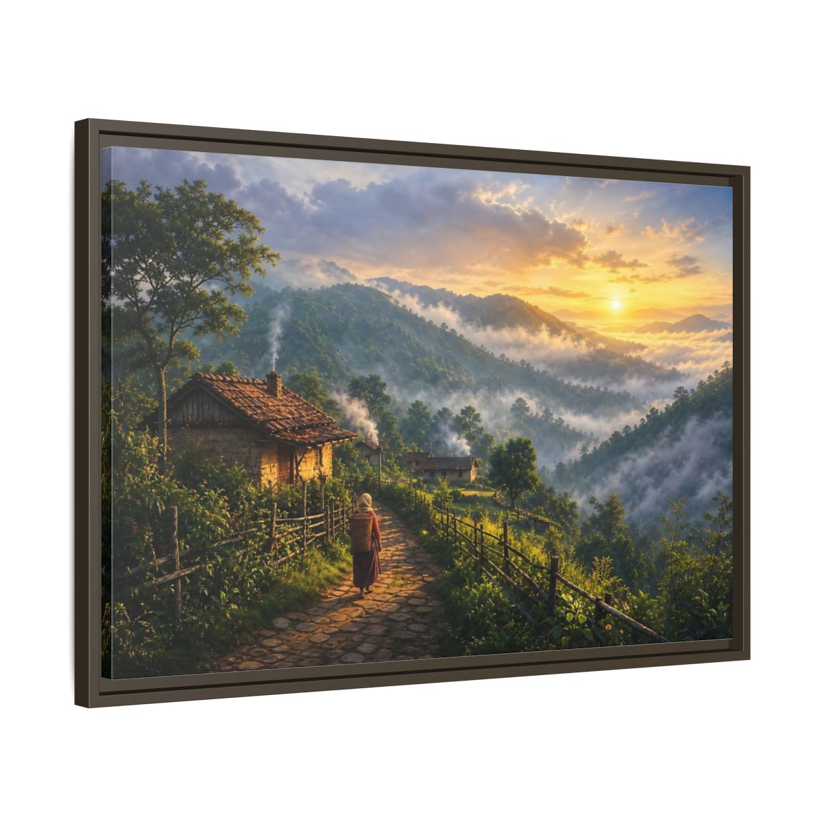 Side Mockup 11. Misty Mountain Village Sunrise shown as framed canvas print
