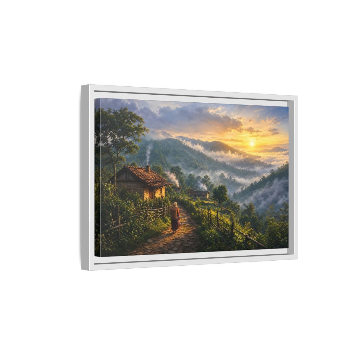 Side Mockup 4. Misty Mountain Village Sunrise shown as framed canvas print