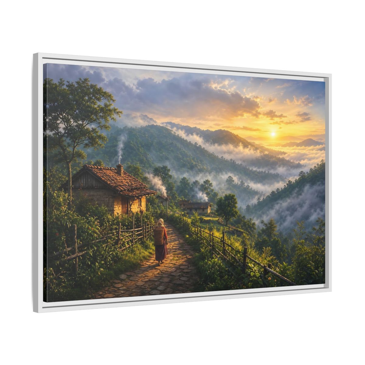 Side Mockup 9. Misty Mountain Village Sunrise shown as framed canvas print