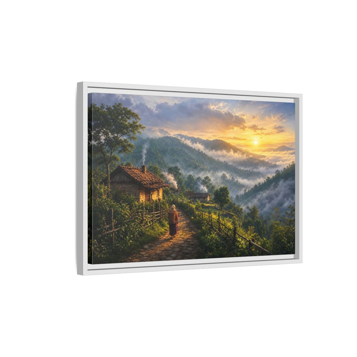 Side Mockup 1. Misty Mountain Village Sunrise shown as framed canvas print
