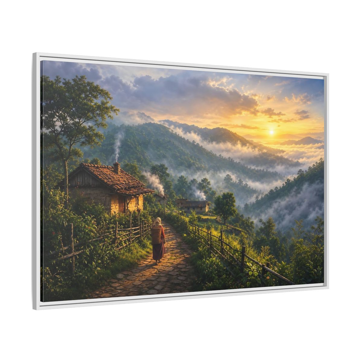 Side Mockup 7. Misty Mountain Village Sunrise shown as framed canvas print