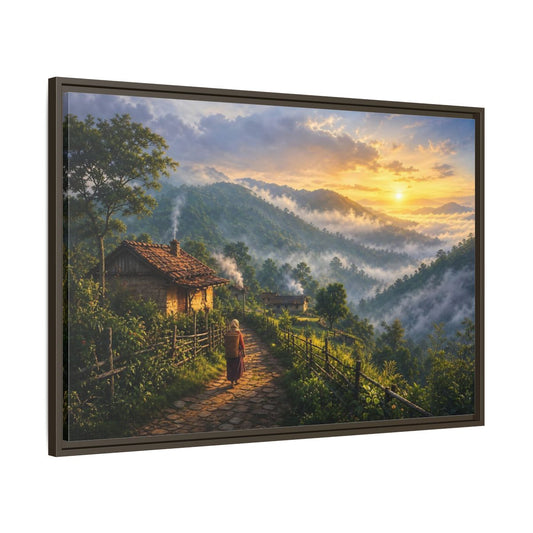 Main Mockup. Misty Mountain Village Sunrise shown as framed canvas print
