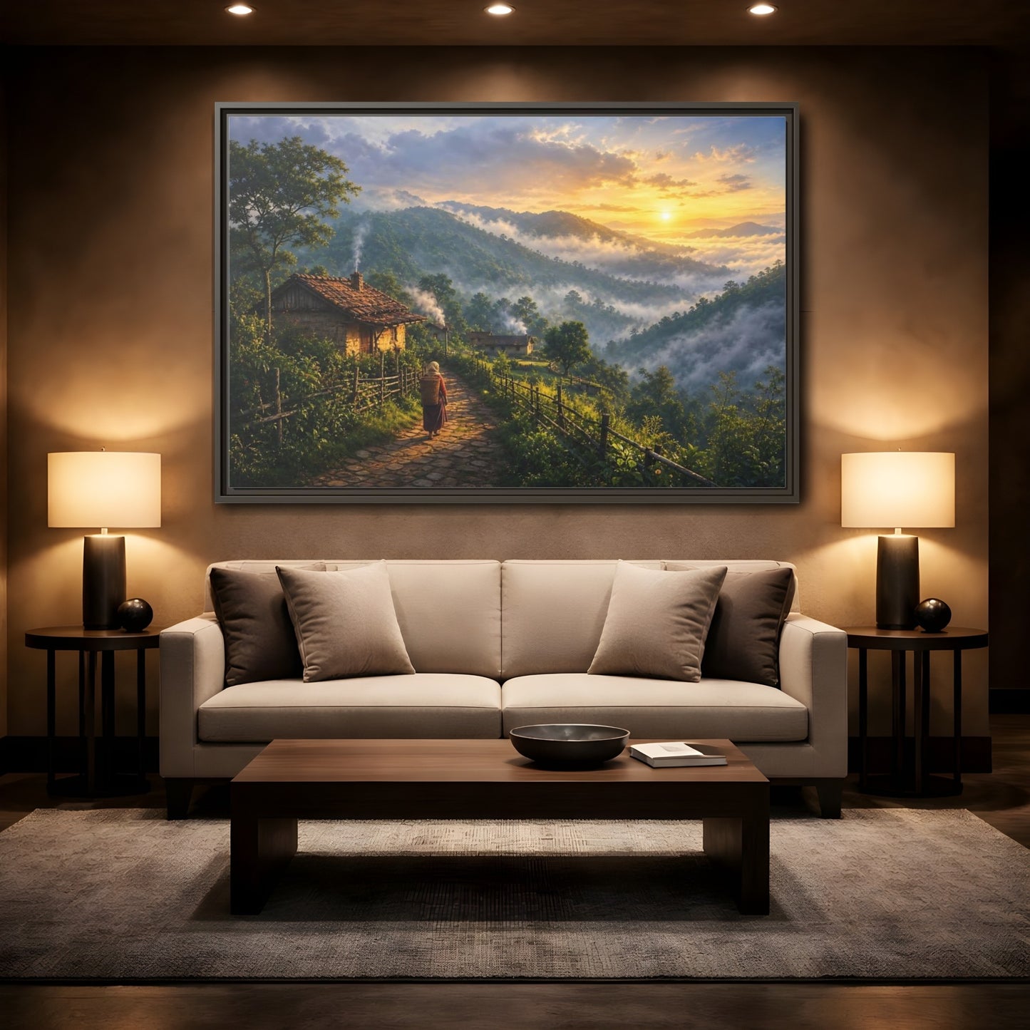 Mockup 2. Misty Mountain Village Sunrise shown as framed canvas print