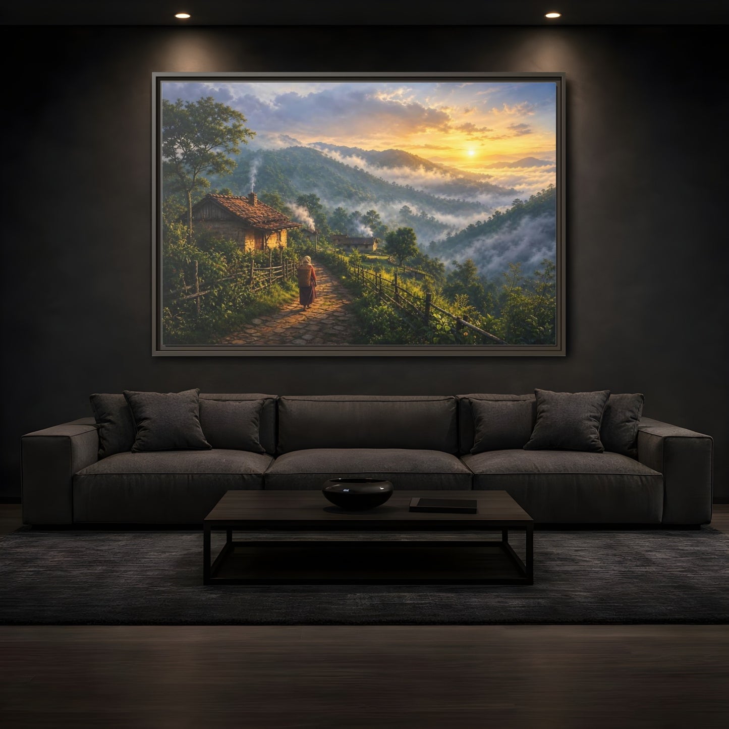 Mockup 3. Misty Mountain Village Sunrise shown as framed canvas print