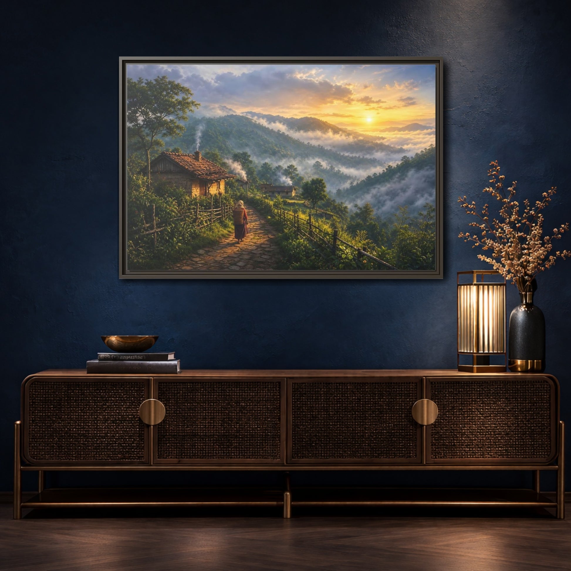 Mockup 4. Misty Mountain Village Sunrise shown as framed canvas print