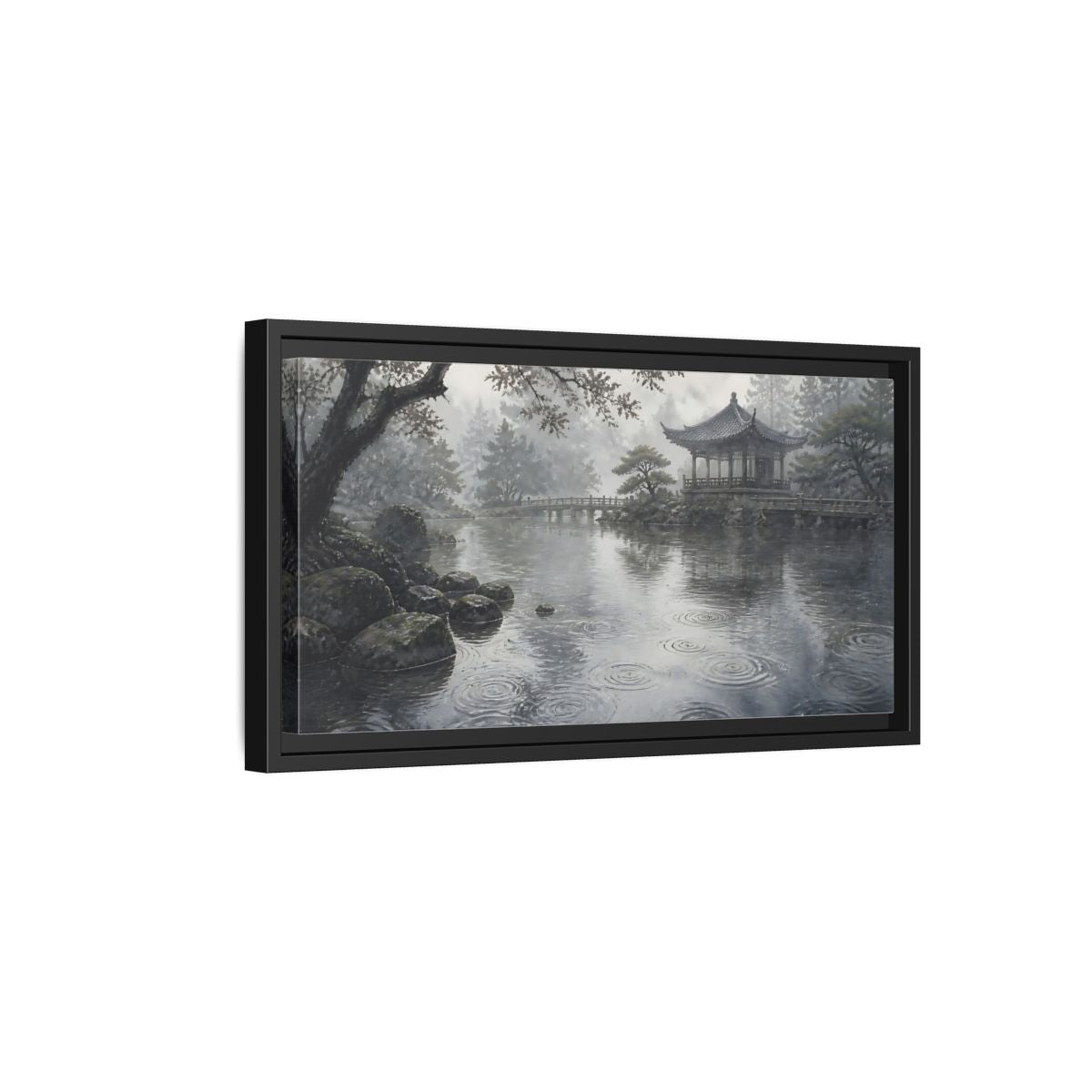 Side Mockup 8. Misty Pavilion By Pond shown as framed canvas print