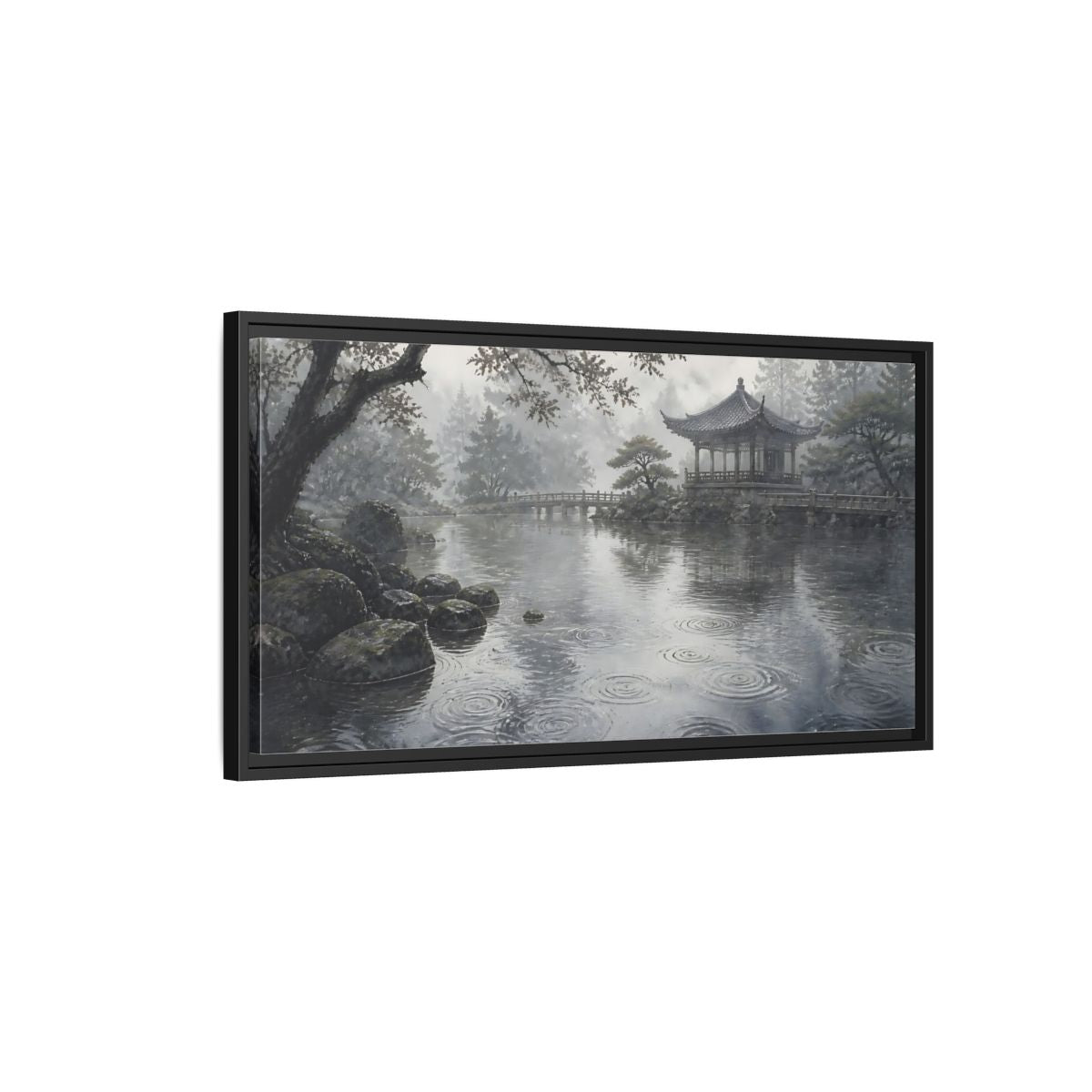 Side Mockup 2. Misty Pavilion By Pond shown as framed canvas print