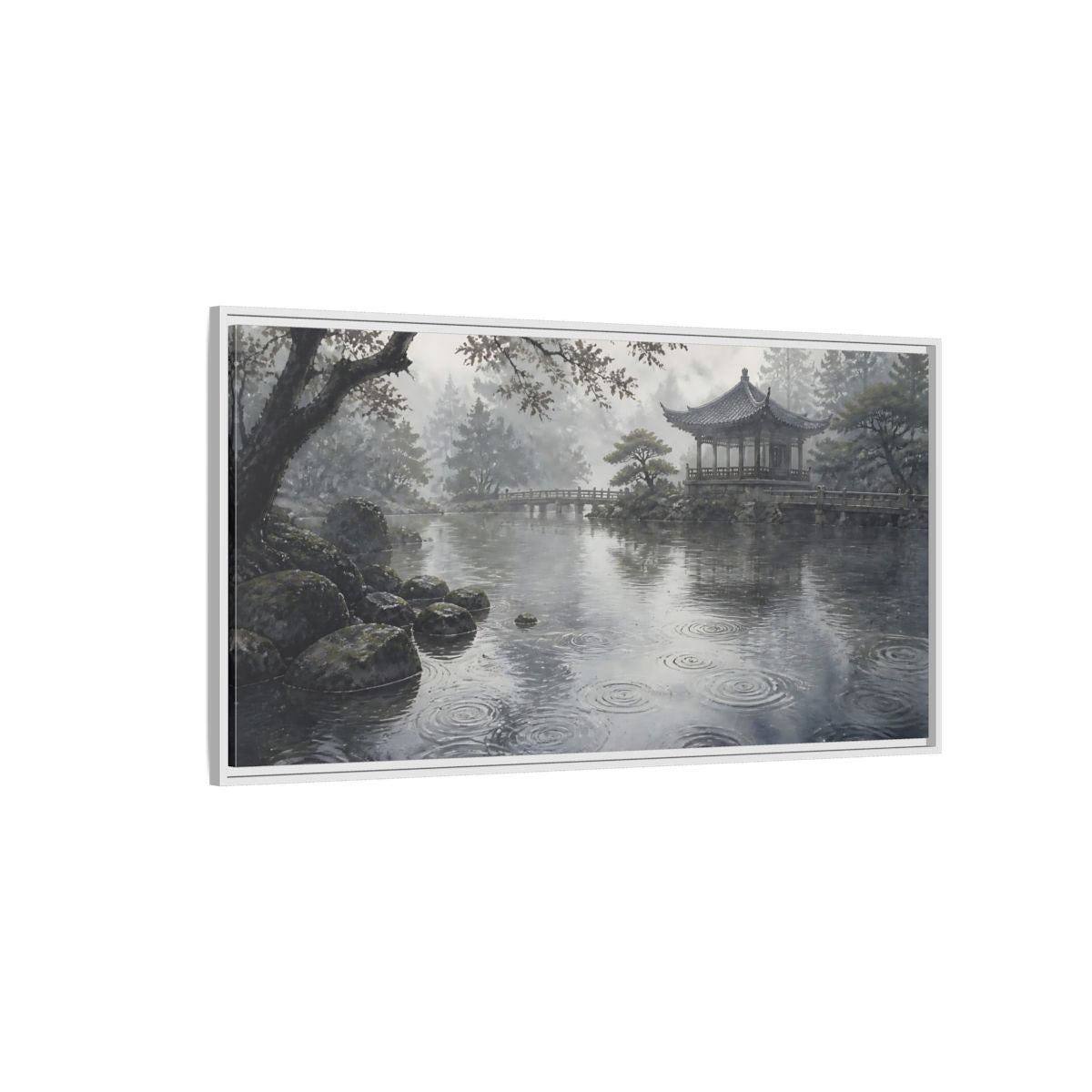 Side Mockup 3. Misty Pavilion By Pond shown as framed canvas print