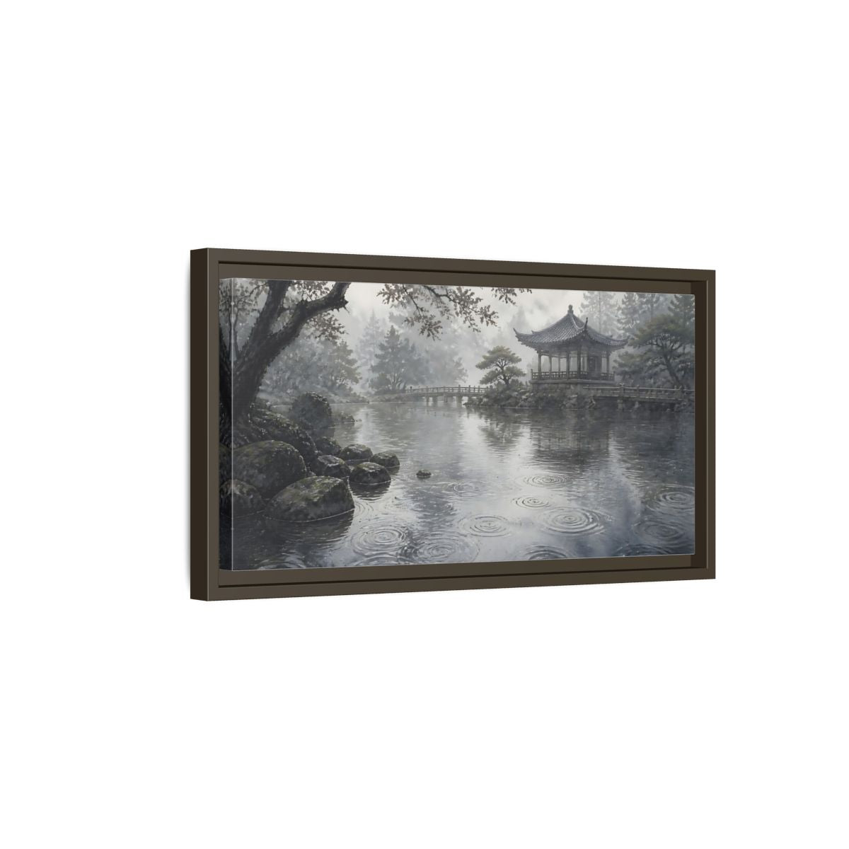 Side Mockup 7. Misty Pavilion By Pond shown as framed canvas print