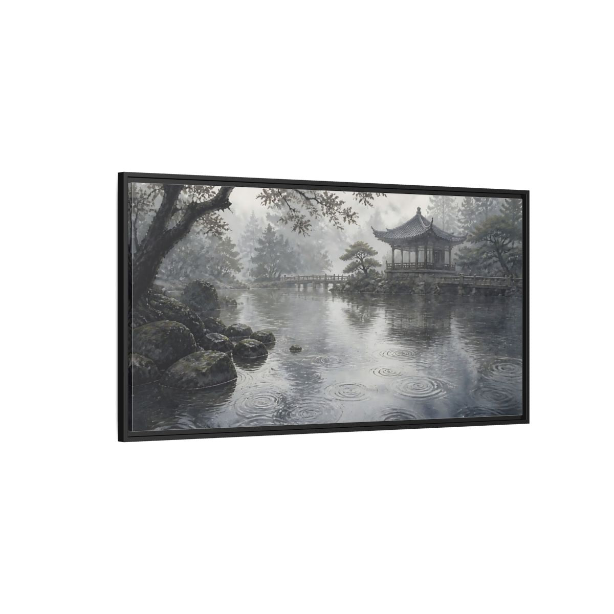 Side Mockup 5. Misty Pavilion By Pond shown as framed canvas print