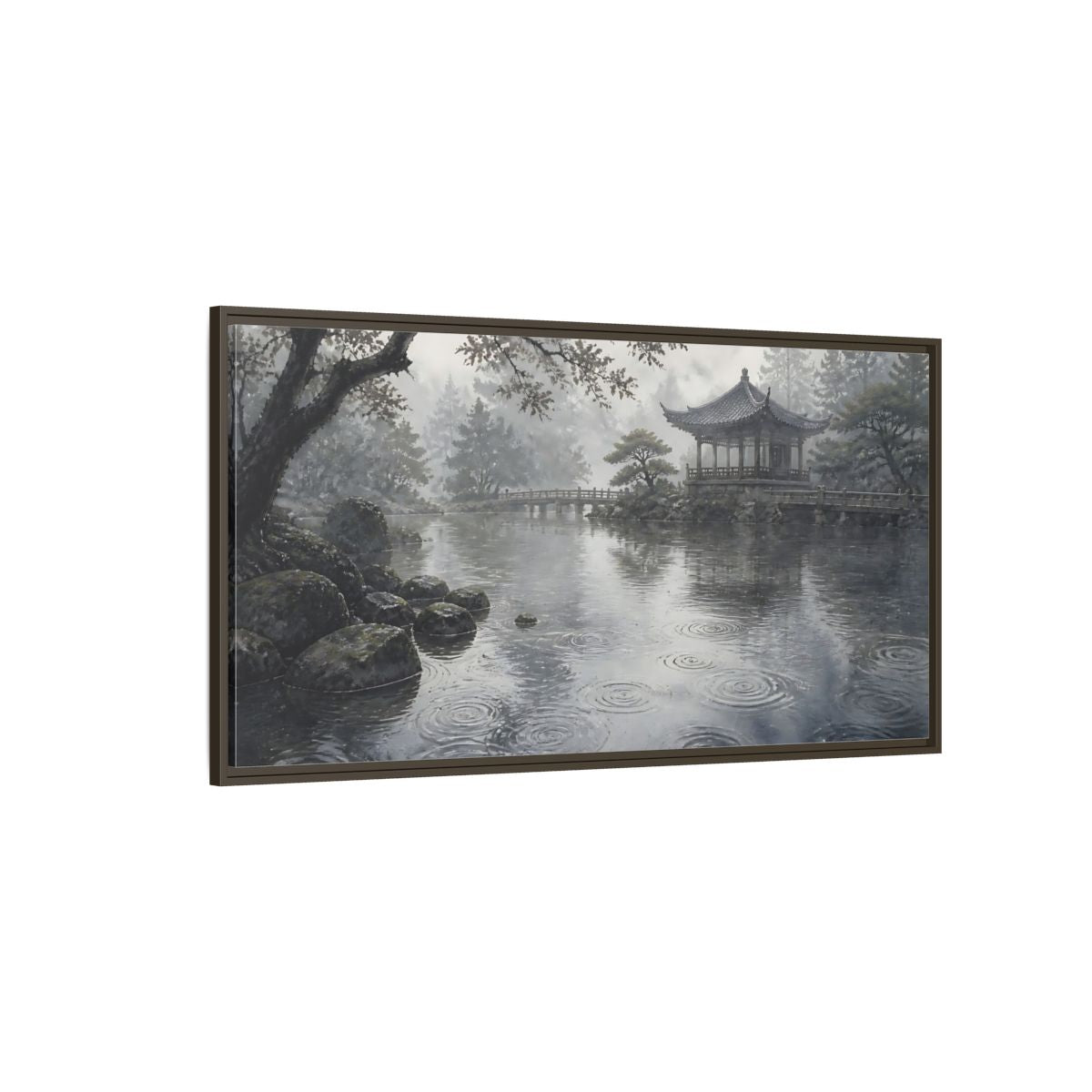 Side Mockup 4. Misty Pavilion By Pond shown as framed canvas print