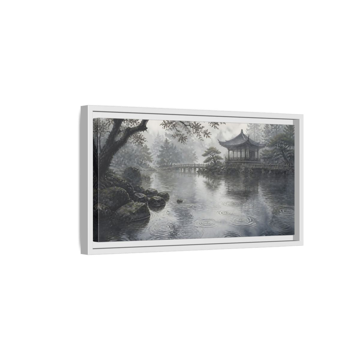 Side Mockup 6. Misty Pavilion By Pond shown as framed canvas print