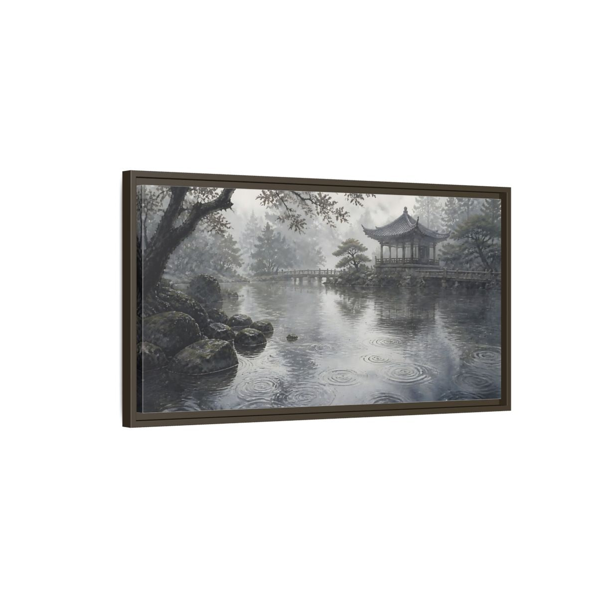 Main Mockup. Misty Pavilion By Pond shown as framed canvas print