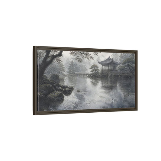 Main Mockup. Misty Pavilion By Pond shown as framed canvas print