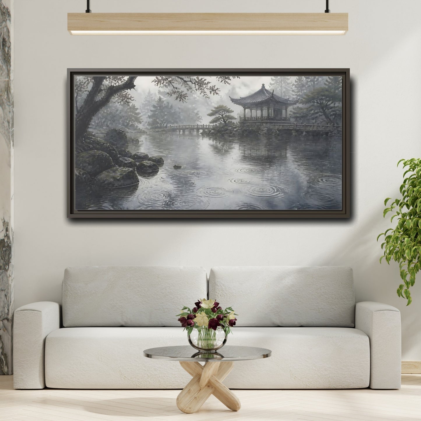 Mockup 2. Misty Pavilion By Pond shown as framed canvas print