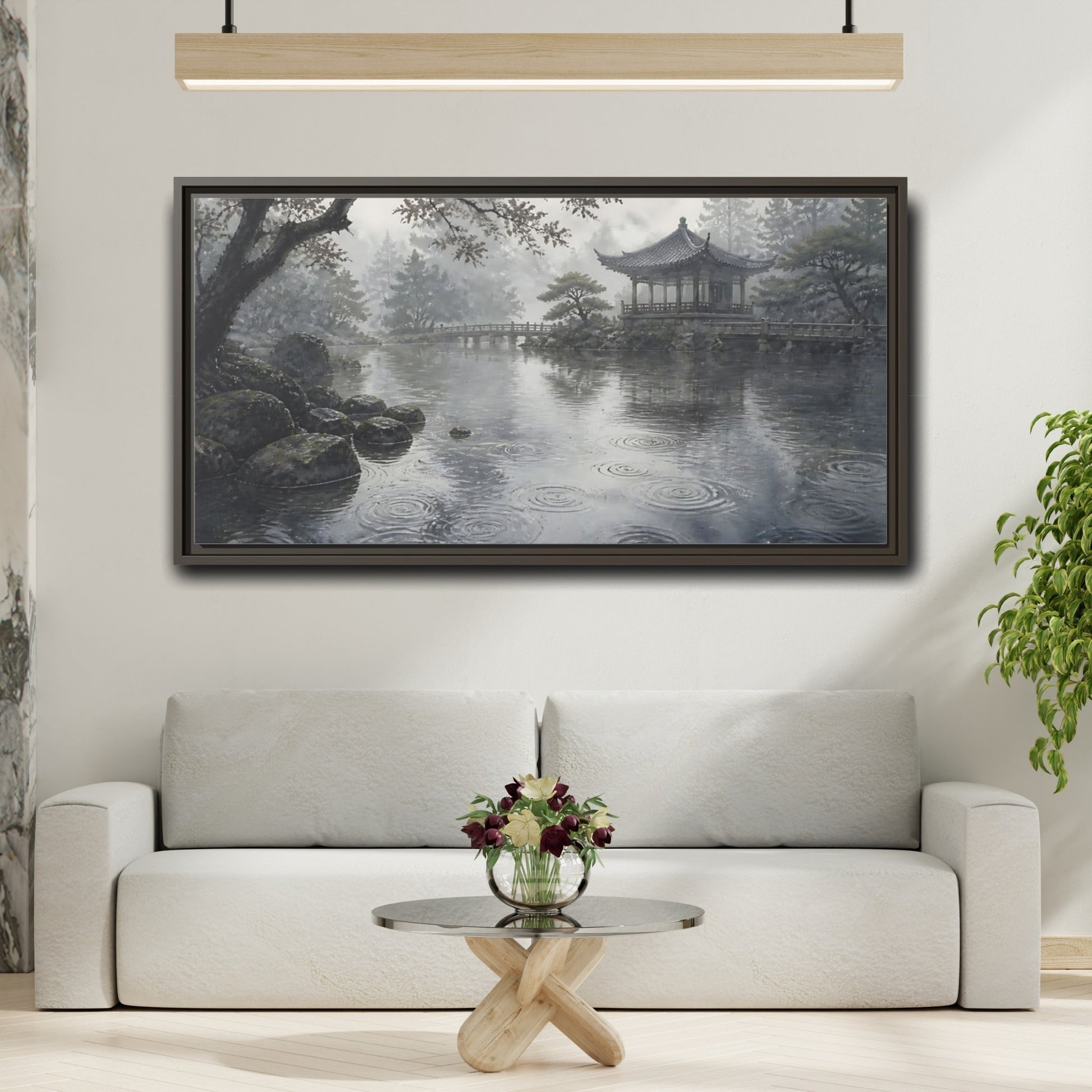 Mockup 2. Misty Pavilion By Pond shown as framed canvas print