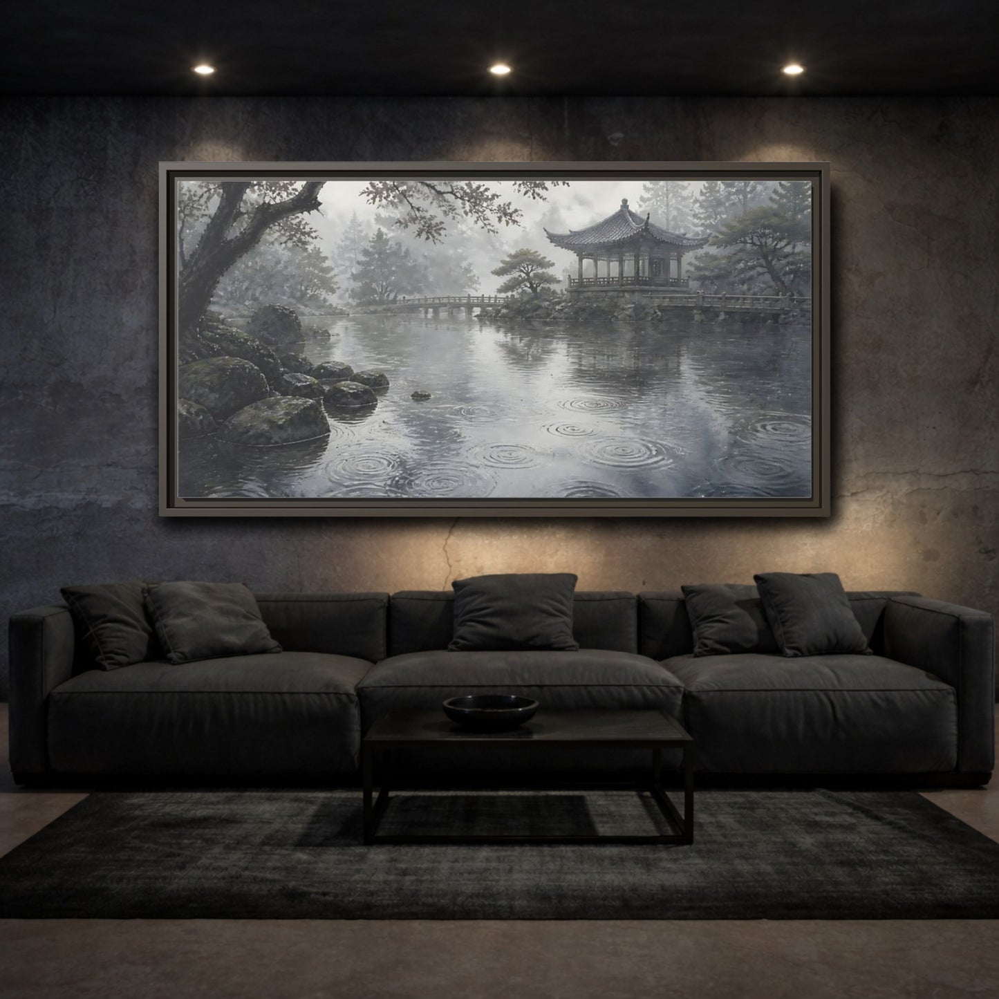 Mockup 3. Misty Pavilion By Pond shown as framed canvas print