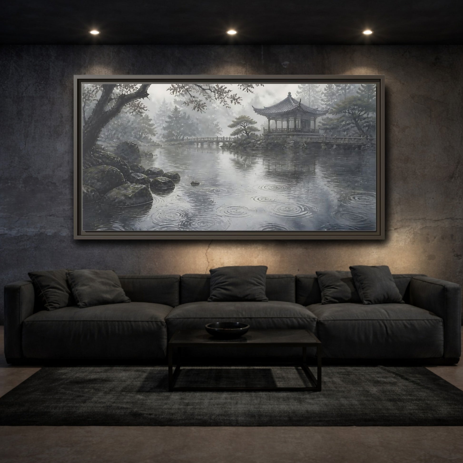 Mockup 3. Misty Pavilion By Pond shown as framed canvas print