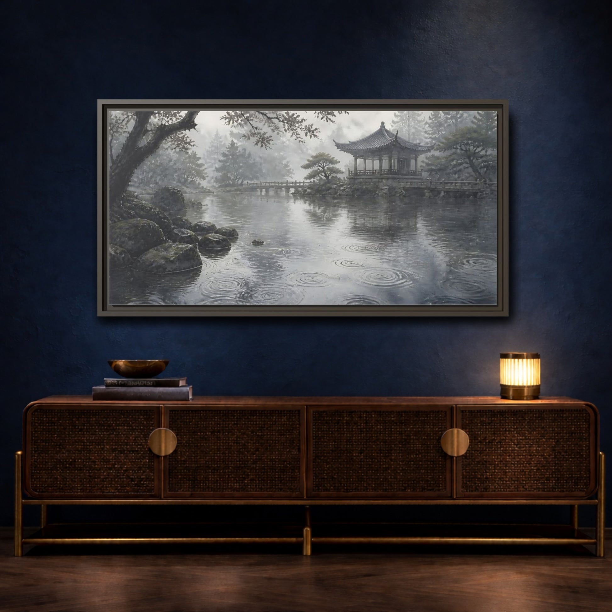 Mockup 4. Misty Pavilion By Pond shown as framed canvas print