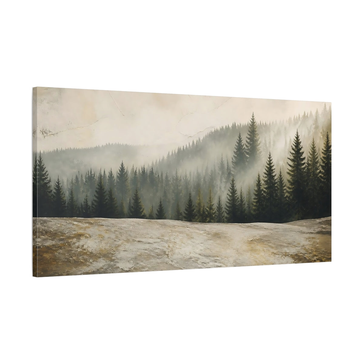 Main Mockup. Misty Pine Forest shown as canvas print