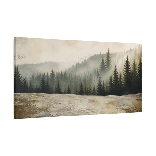 Main Mockup. Misty Pine Forest shown as canvas print