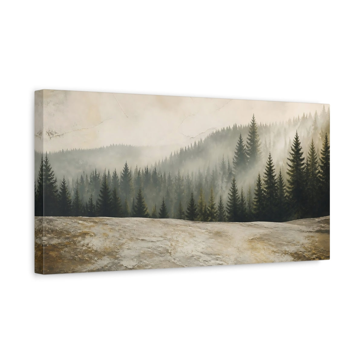 Side Mockup 3. Misty Pine Forest shown as canvas print