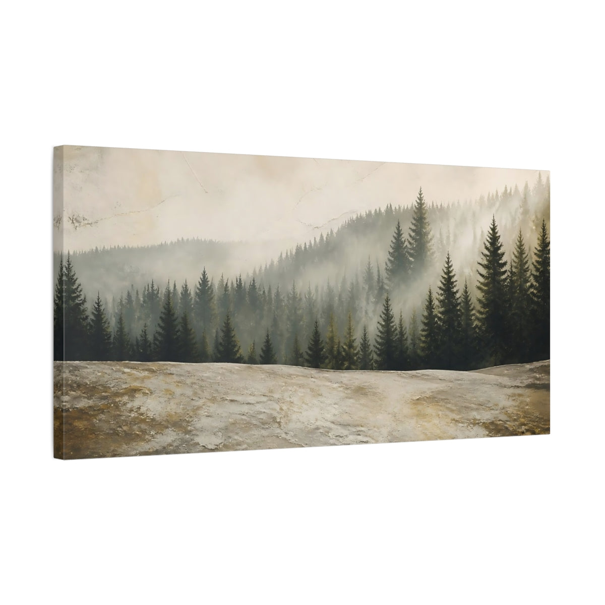 Side Mockup 1. Misty Pine Forest shown as canvas print