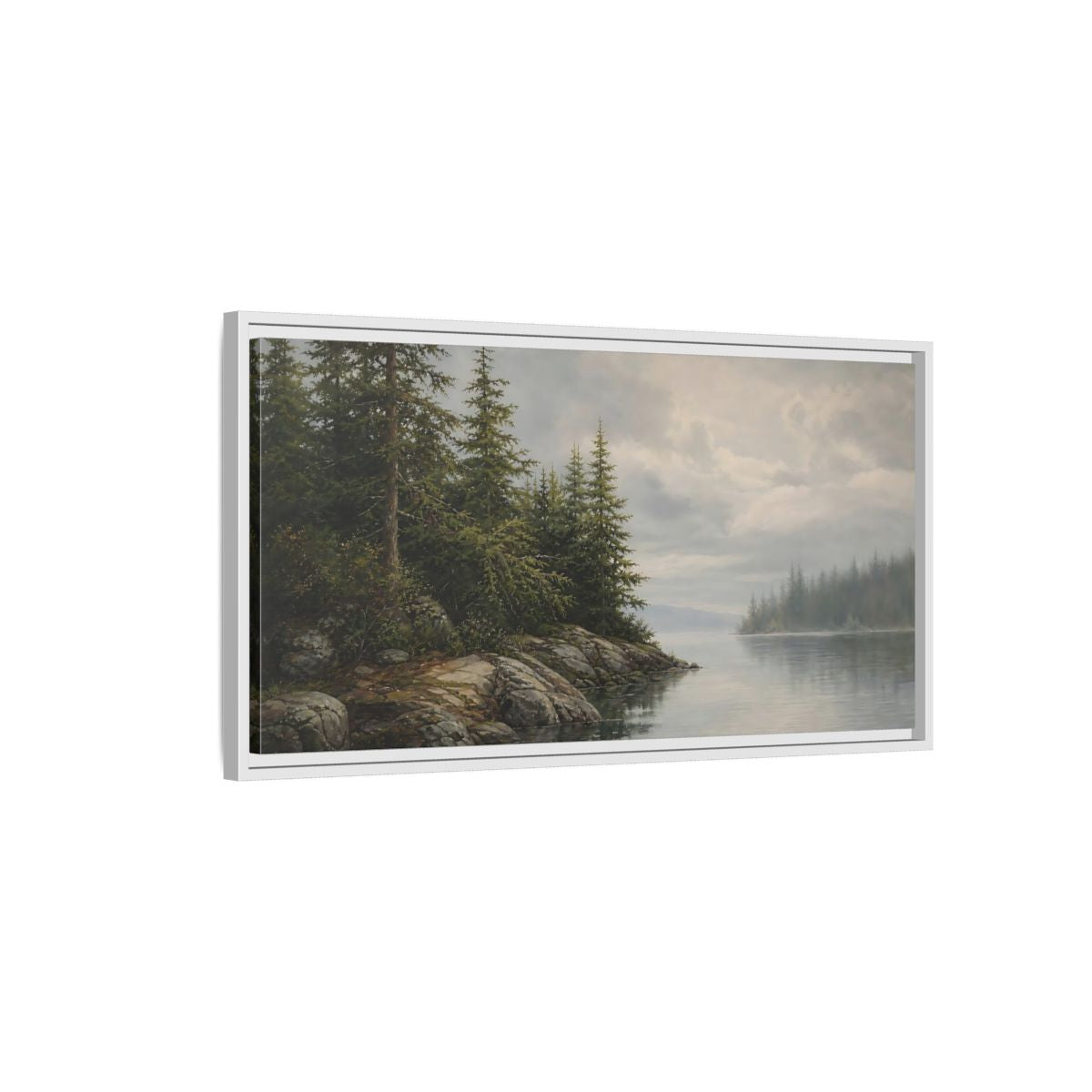 Side Mockup 1. Misty Pine Shoreline shown as framed canvas print