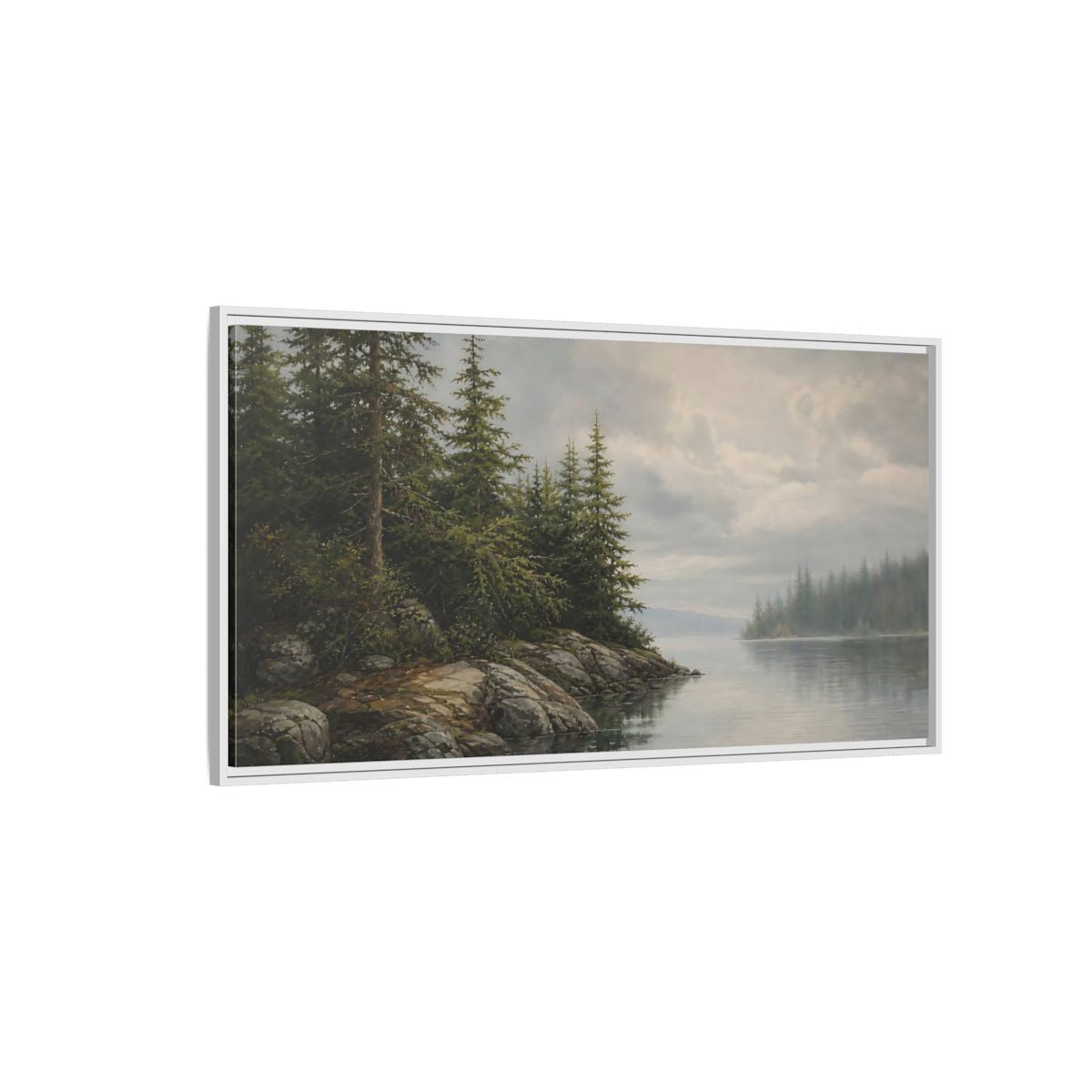 Side Mockup 3. Misty Pine Shoreline shown as framed canvas print