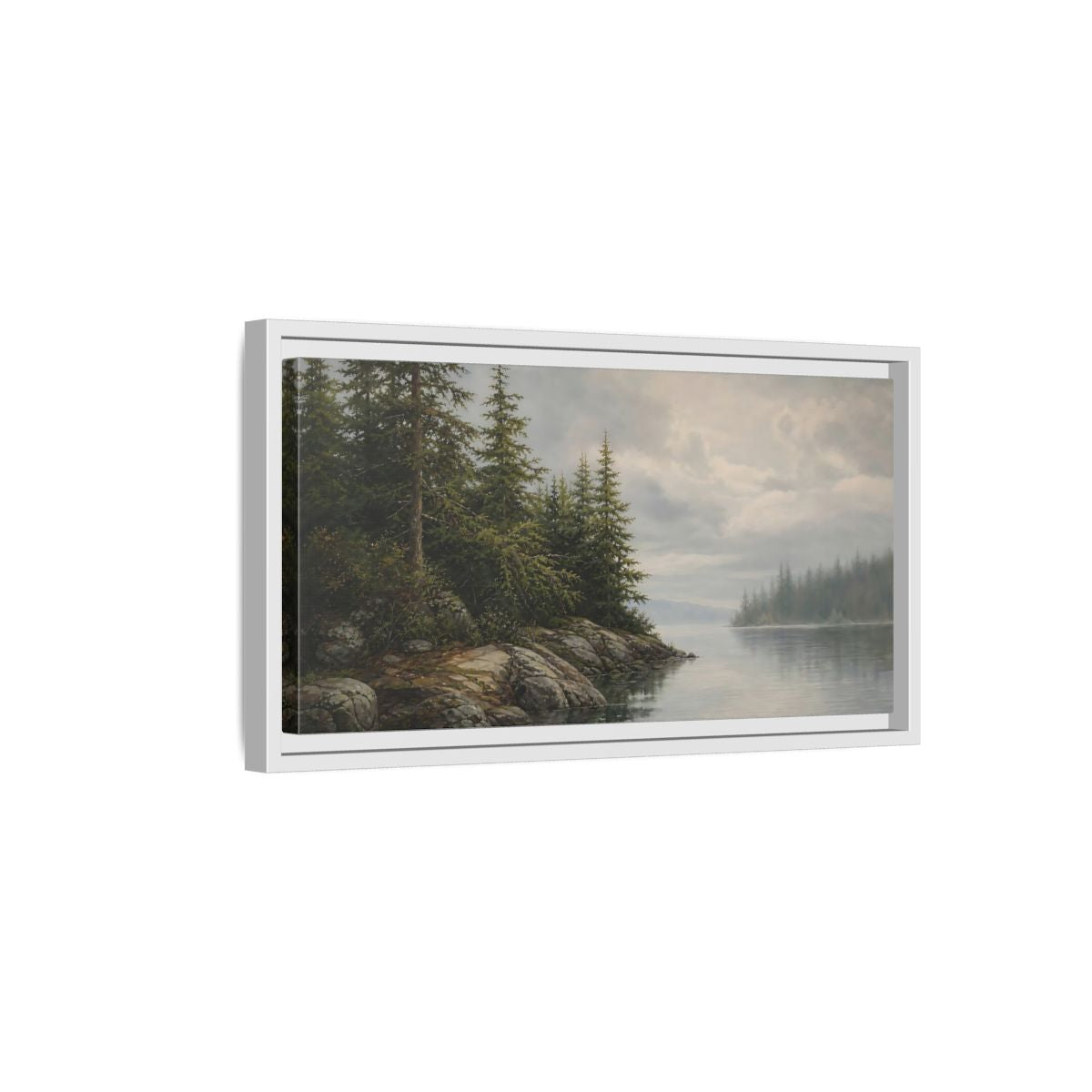 Side Mockup 6. Misty Pine Shoreline shown as framed canvas print