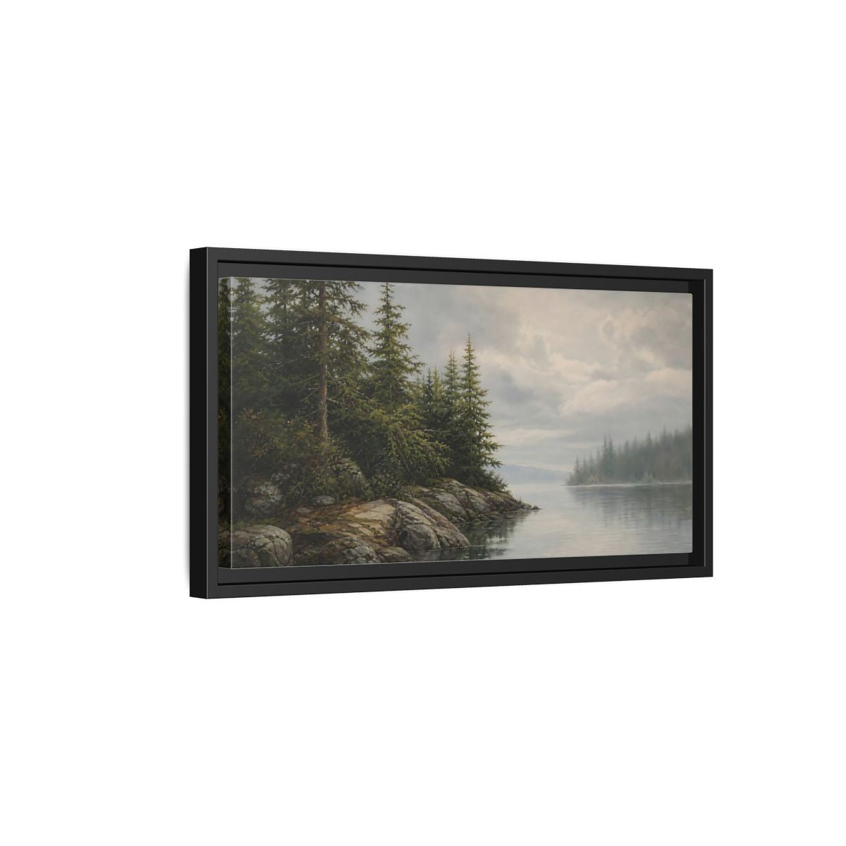 Side Mockup 8. Misty Pine Shoreline shown as framed canvas print